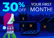 A creeper in a cozy sweater in front of a snowy Minecraft village.  Take 30% off your first month!