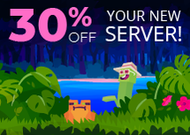 30% off your new server! A creeper hangs out with a frog in the jungle.