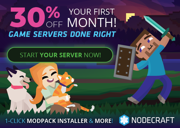 30% off your first month!  Start your server now!  Minecraft Steve and Alex hang out with a cat and dog in the sunset.